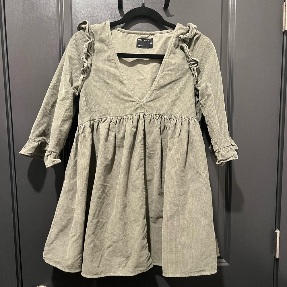 Stylish Green Corduroy Baby Doll Dress